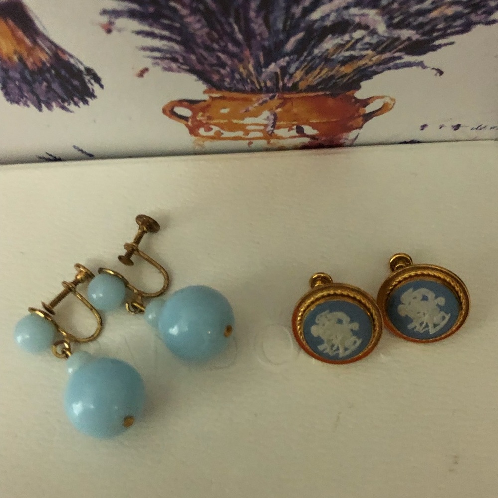 2 pair powder blue antique earrings
